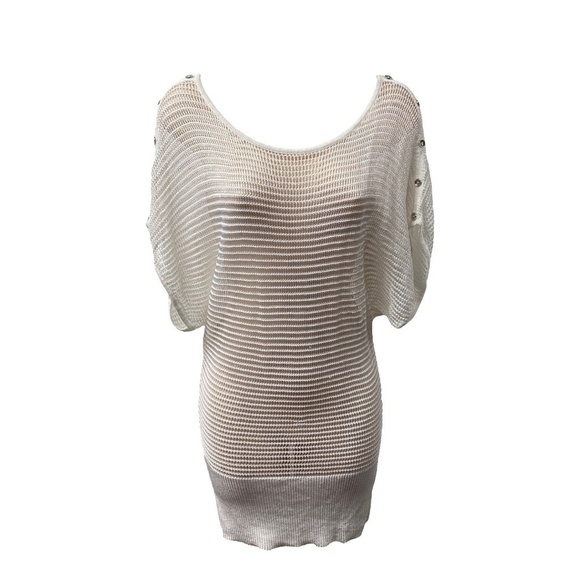 WHBM Tunic Small Top White Mini Scoop Neck Silver Buttons Batwing See Through - Picture 1 of 11